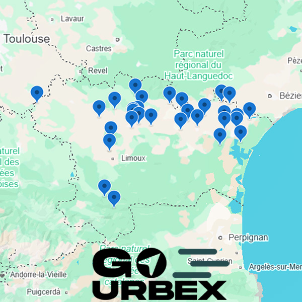 Carte urbex Aude sur smartphone affichant 31 points GPS de lieux abandonnés en Occitanie.