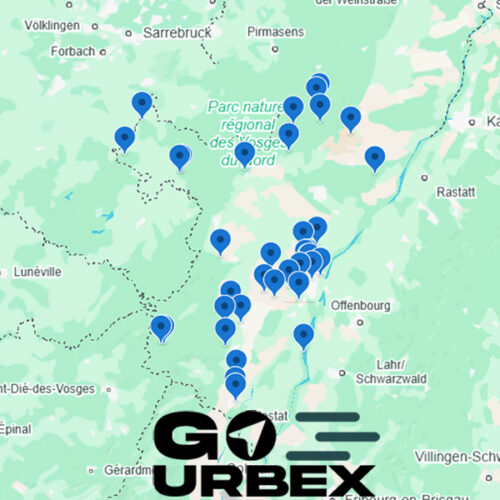 Carte urbex Bas-Rhin sur smartphone affichant 37 points GPS de lieux abandonnés en Alsace.