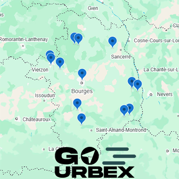 Carte urbex Cher sur smartphone affichant 13 points GPS de lieux abandonnés dans le Berry.