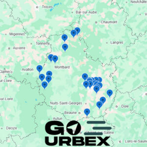 Carte urbex Côte-d'Or sur smartphone affichant 31 points GPS de lieux abandonnés en Bourgogne.