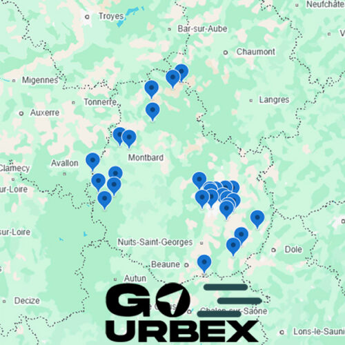 Carte urbex Côte-d'Or sur smartphone affichant 31 points GPS de lieux abandonnés en Bourgogne.