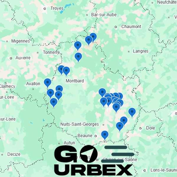 Carte urbex Côte-d'Or sur smartphone affichant 31 points GPS de lieux abandonnés en Bourgogne.