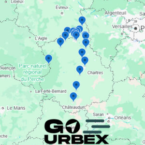 Carte urbex Eure-et-Loir sur smartphone affichant 19 points GPS de lieux abandonnés.