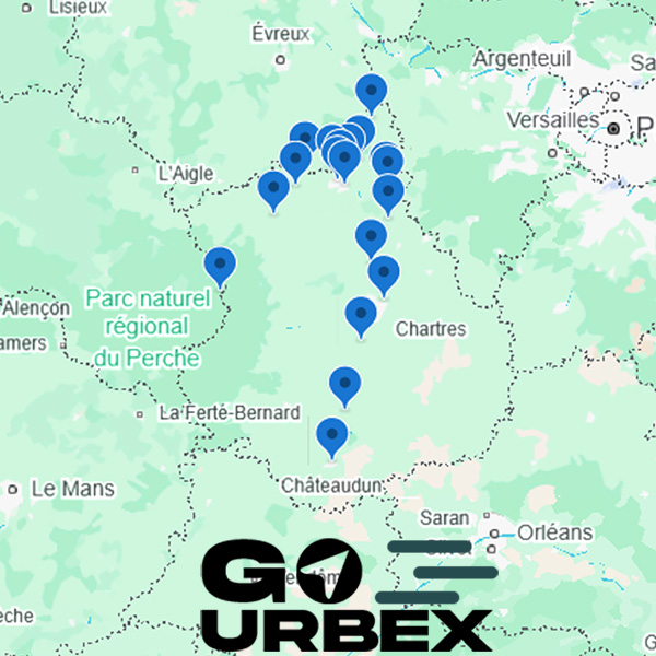 Carte urbex Eure-et-Loir sur smartphone affichant 19 points GPS de lieux abandonnés.