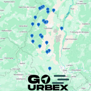 Carte urbex Haut-Rhin sur smartphone affichant 22 points GPS de lieux abandonnés en Alsace.