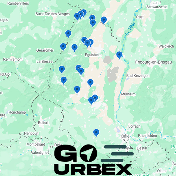 Carte urbex Haut-Rhin sur smartphone affichant 22 points GPS de lieux abandonnés en Alsace.