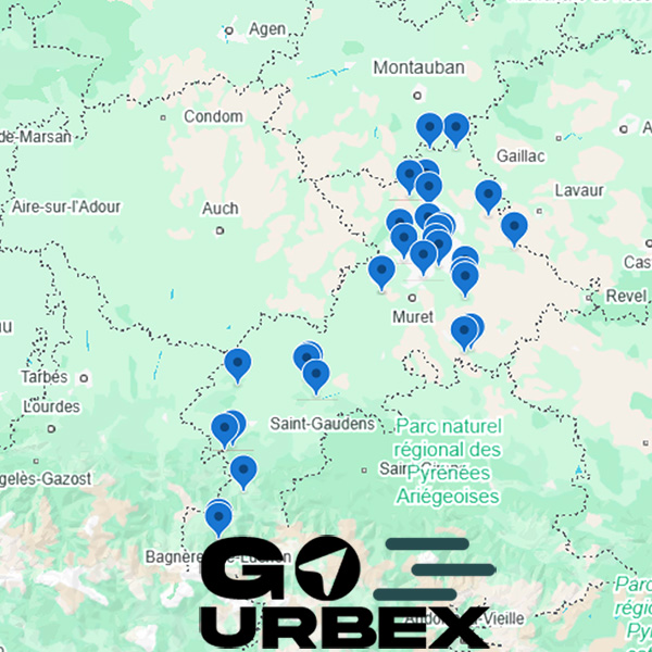 Carte urbex Haute-Garonne sur smartphone affichant 33 points GPS de lieux abandonnés entre Toulouse et les Pyrénées.