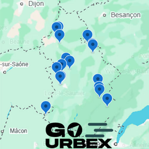 Carte urbex Jura sur smartphone montrant 17 points GPS de spots abandonnés dans le massif jurassien.