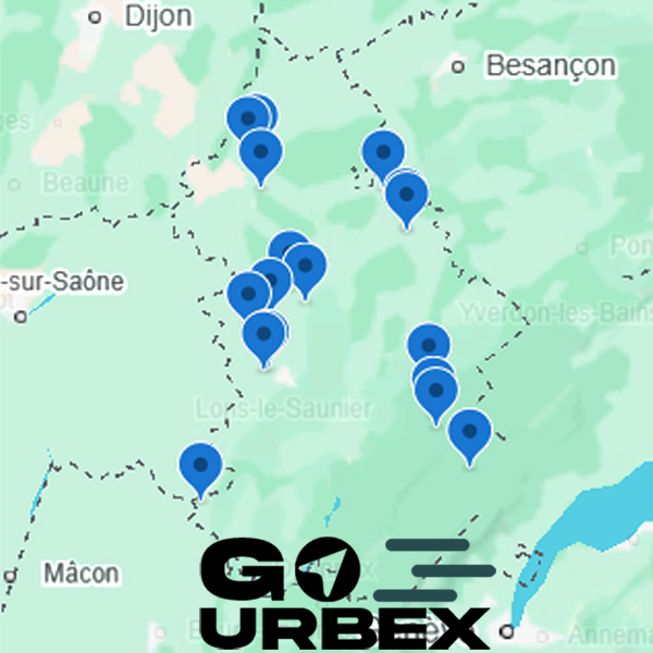 Carte urbex Jura sur smartphone montrant 17 points GPS de spots abandonnés dans le massif jurassien.