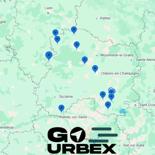 Carte urbex Marne sur smartphone affichant 22 points GPS de lieux abandonnés en Champagne.