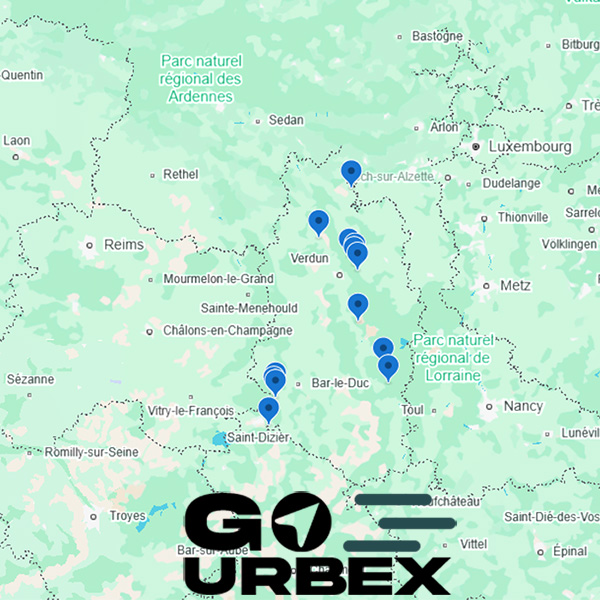 Carte urbex Meuse sur smartphone affichant 13 points GPS de lieux abandonnés entre Verdun et Bar-le-Duc.