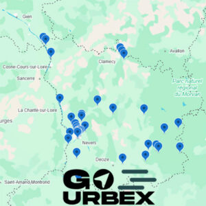 Carte urbex Nièvre sur smartphone affichant 37 points GPS de lieux abandonnés en Bourgogne.