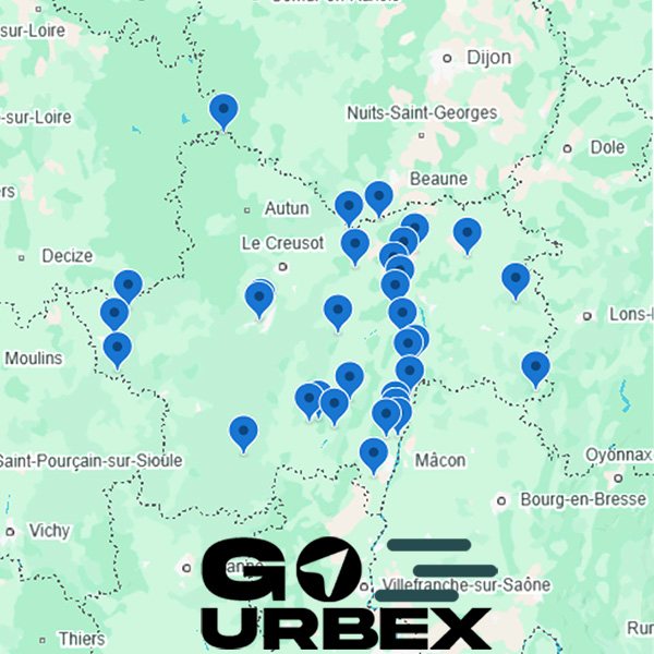 Carte urbex Saône-et-Loire sur smartphone affichant 32 points GPS de lieux abandonnés entre mines et châteaux.