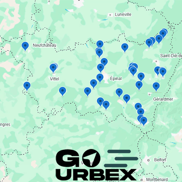 Carte urbex Vosges sur smartphone affichant 38 points GPS de lieux abandonnés au milieu des montagnes.