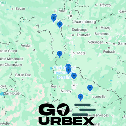 Carte urbex Meuse sur smartphone affichant 13 points GPS de lieux abandonnés entre Verdun et Bar-le-Duc.