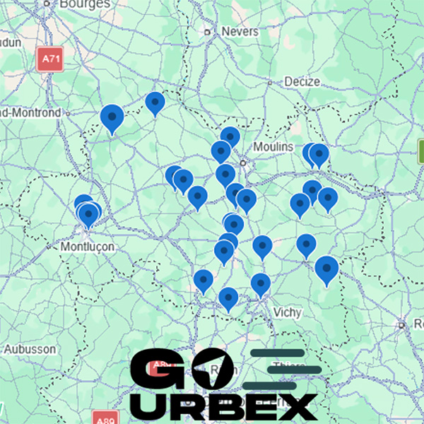 Carte urbex Allier sur smartphone affichant 31 points GPS de lieux abandonnés entre Vichy et Montluçon.