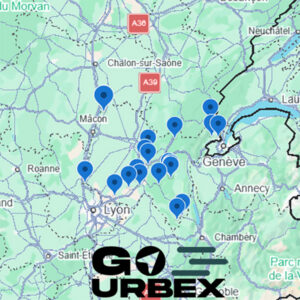 Carte urbex Ain sur smartphone affichant 21 points GPS de lieux abandonnés entre Bugey et Bresse.