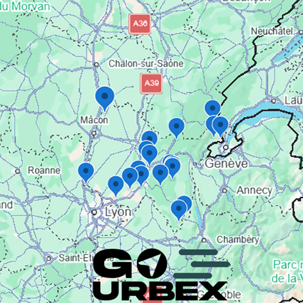Carte urbex Ain sur smartphone affichant 21 points GPS de lieux abandonnés entre Bugey et Bresse.
