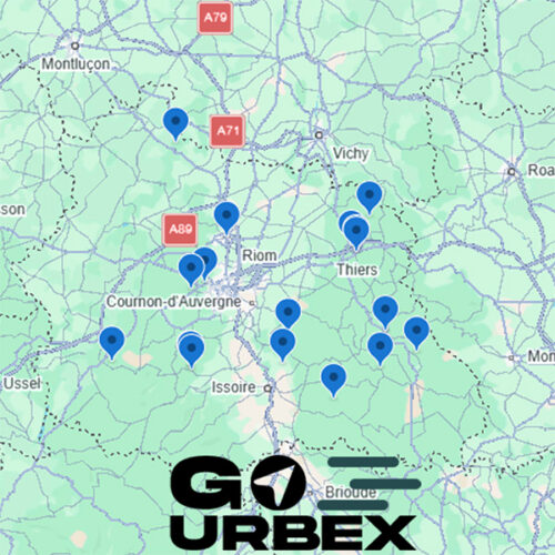 Carte urbex Puy-de-Dôme sur smartphone affichant 18 points GPS de lieux abandonnés au cœur de l'Auvergne.