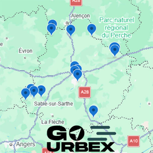 Carte urbex Sarthe sur smartphone affichant 15 points GPS de lieux abandonnés.
