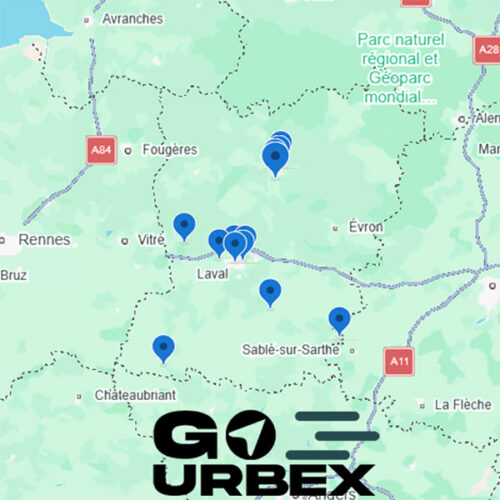 Carte urbex Mayenne sur smartphone affichant 13 points GPS de lieux abandonnés.