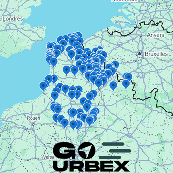 Carte urbex Hauts de France sur smartphone affichant 175 points GPS de lieux abandonnés.