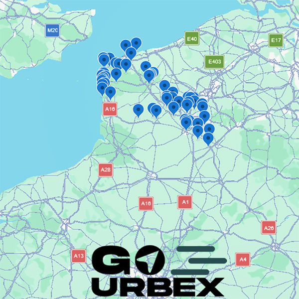 Carte urbex Pas-de-Calais sur smartphone affichant 55 points GPS de lieux abandonnés.